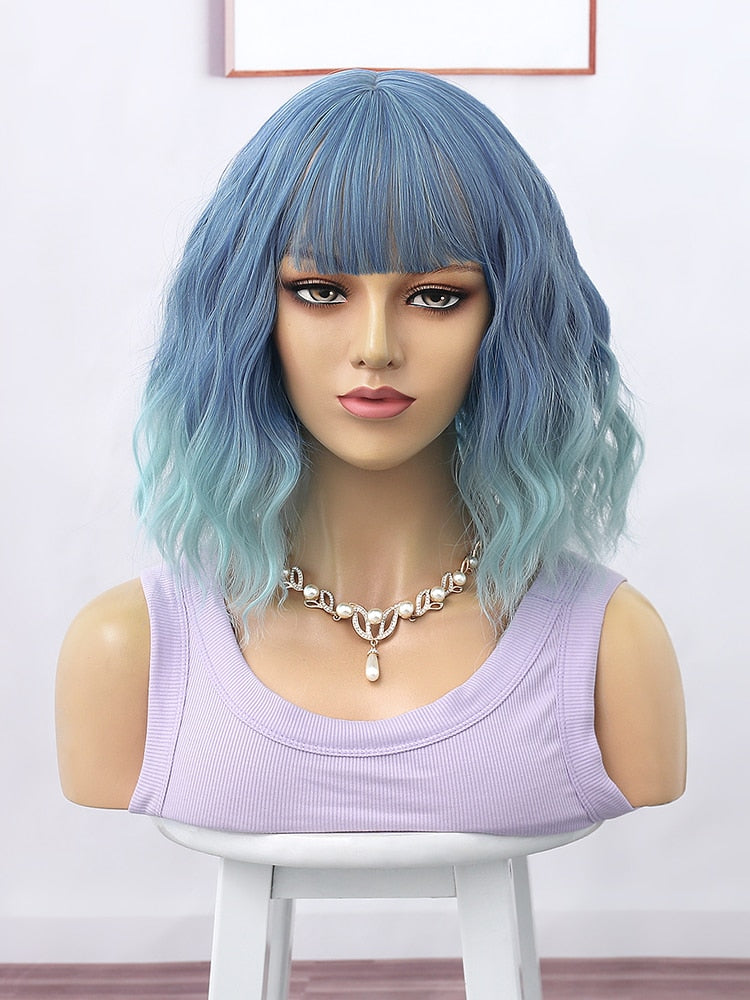 Cynthia Blue Ombre Short Bob Synthetic Wigs For Women With Bangs Body Wave Cosplay Lolita Wig White Natural Heat Resistant Hair