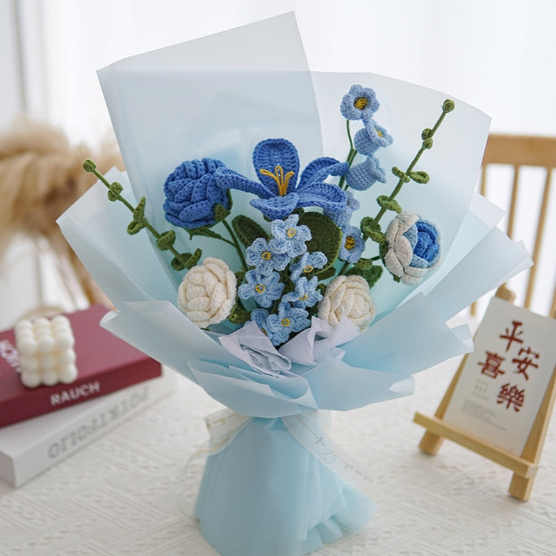 Knitting Flowers Rose Tulip Artificial Fake Flowers Bouquet Wedding Decoration Hand-woven Home Decorate Knit Fake Flower Gifts