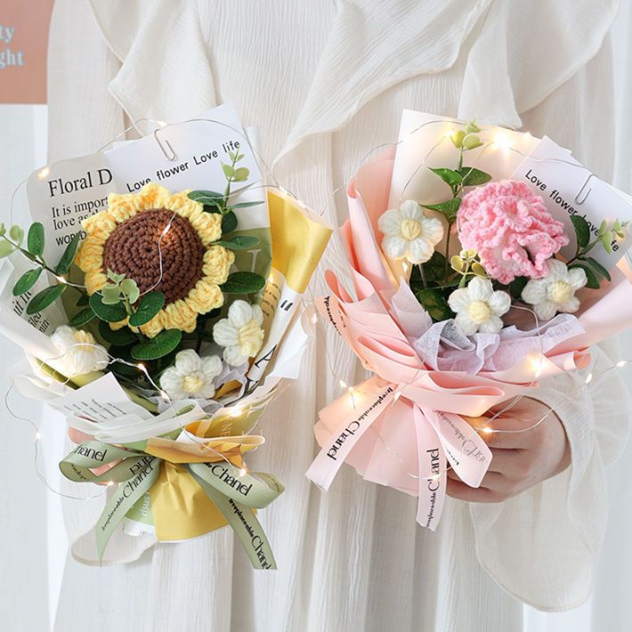 Finished Product Knitting Flowers Rose Tulip Fake Flowers Bouquet Wedding Decoration Hand-woven Home Decorate Knit Flower Gifts