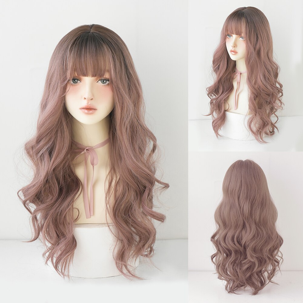 Long Curly Hair Women Wig with Bangs Daily Brown Black Pink Lolita Cosplay Braided Wigs Heat Resistant Fiber