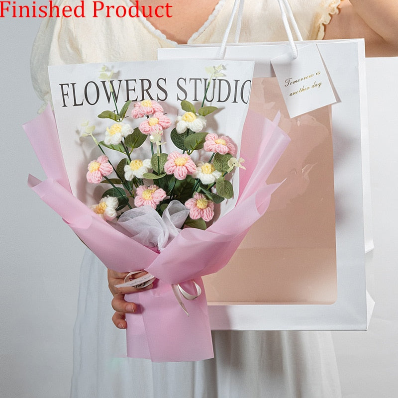 Finished Product Knitting Flowers Rose Tulip Fake Flowers Bouquet Wedding Decoration Hand-woven Home Decorate Knit Flower Gifts