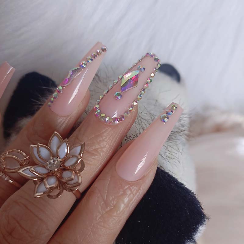 24pcs luxury jewelry long ballet coffin fake nails crystal diamond Transparent