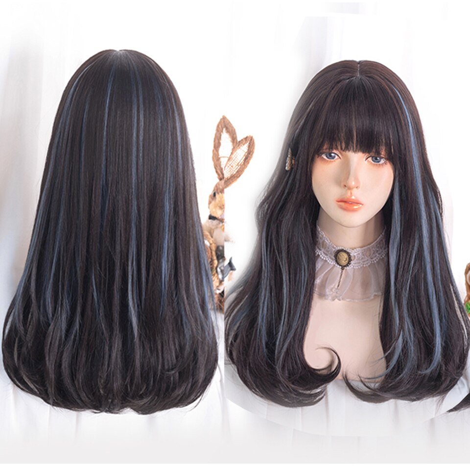 Synthetic long wavy curly hair female cold brown black cosplay Lolita pink purple blue wig heat-resistant bangs