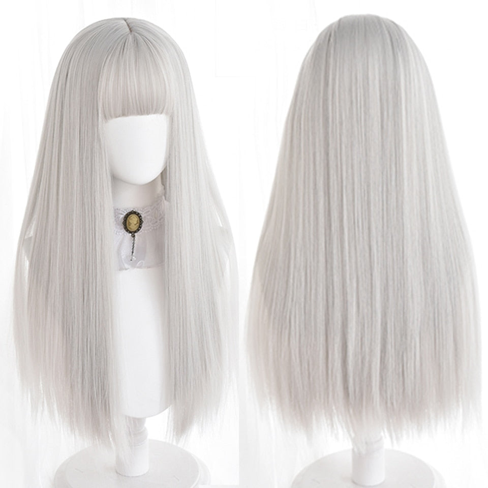 lolita wigs Long straight wigs lady gray blue high temperature resistant synthetic wig cosplay party natural wig