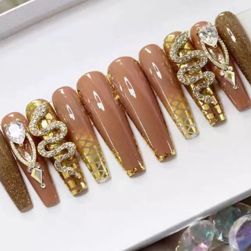 24Pcs Wearable False Nails with glue Long Ballerina Pink Press On Nails French Full Cover Coffin Fake Nails tip with rhinestones