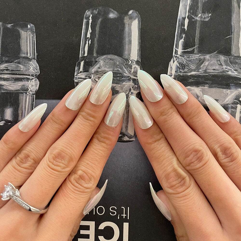 24PCS/Box Pearl Powder Milk White False Nails Round Head with Glue Long Ballet Wearable Fake Nails Full Cover Press on Nail Tips