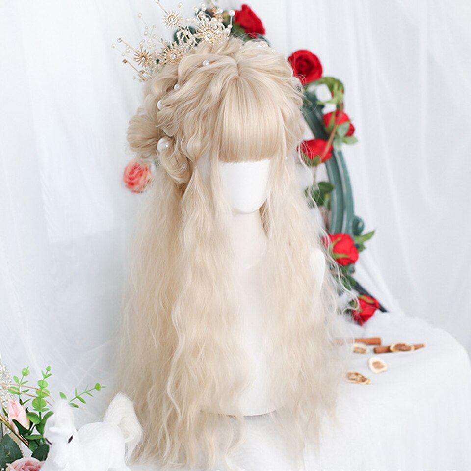 synthetic long curly hair wavy female golden gradient blue purple pink color wig cosplay Lolita wig high temperature