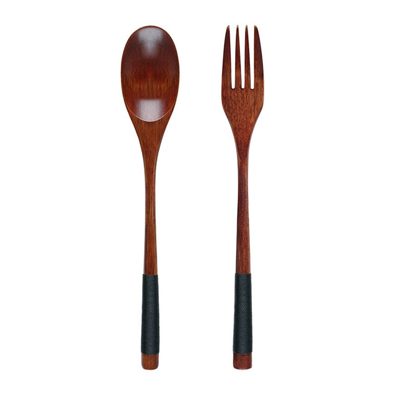 2Pcs Wooden Spoon Fork Dinnerware Set Long Wood Spoon and Fork Set Dessert Soup Spoon Dining Fork Portable Cutlery Tableware