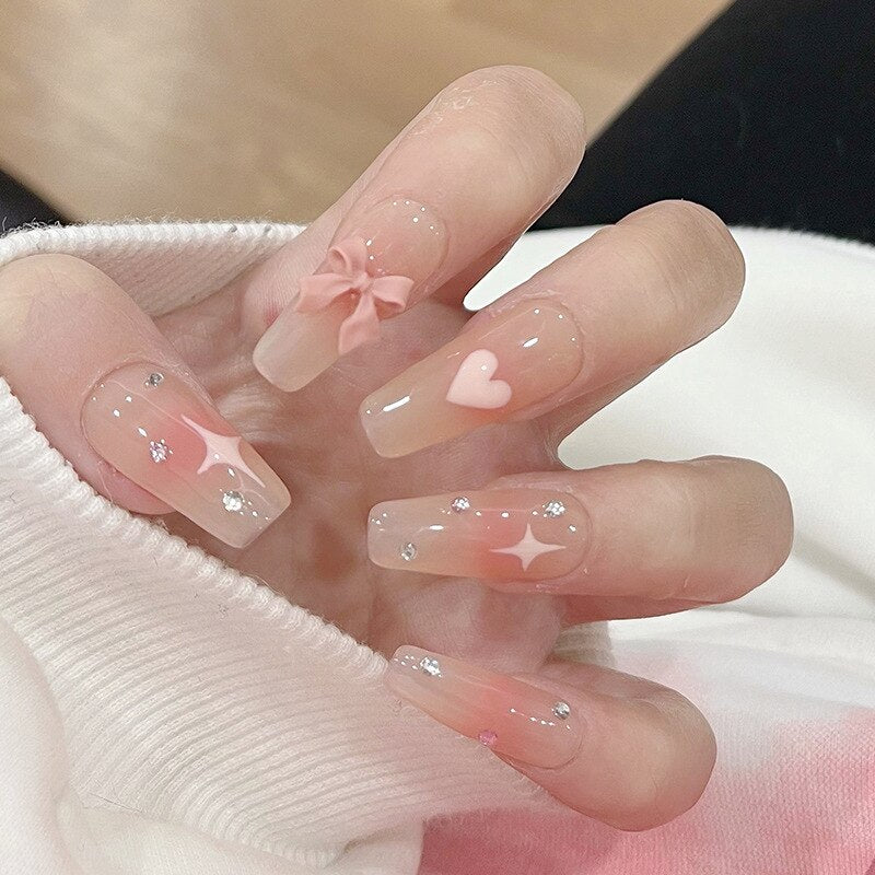 24pcs Press on Nails Short Fake Nails with Glue Jelly Gradient Design Detachable Artificial Nail Acrylic Coffin False Nails Tips