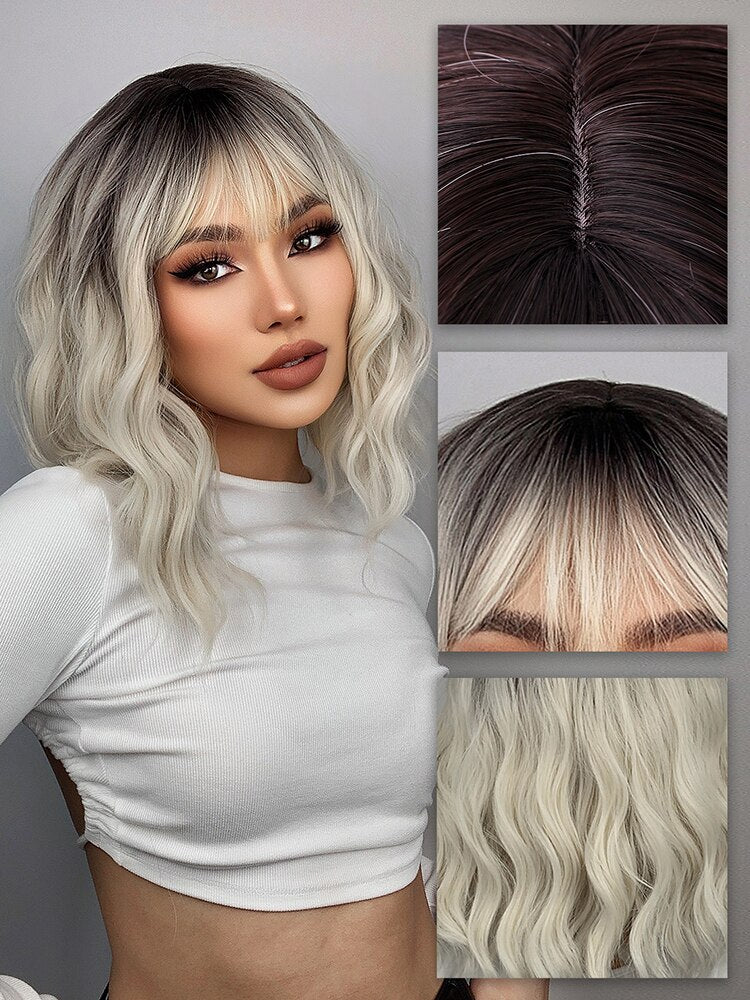 Ombre Blonde Short Bob Synthetic Wig For Women With Bangs White Gold Body Wave Cosplay Lolita Natural Heat Resistant Hair