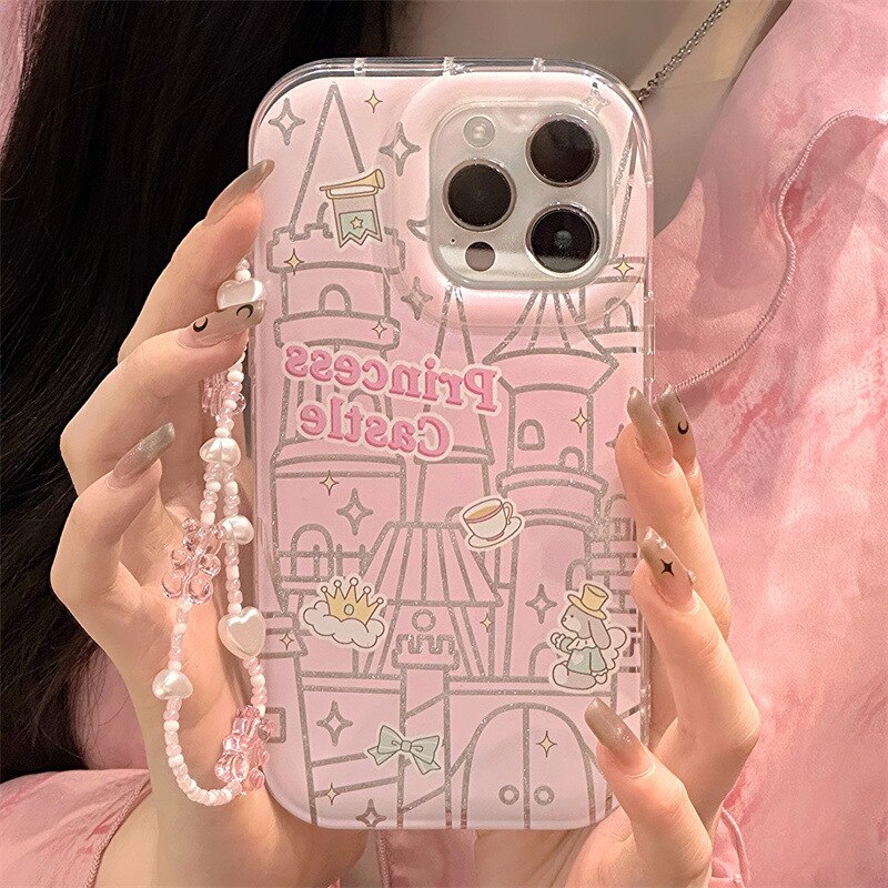 Retro glitter Pink castle Cartoon Bracelet Phone Case For iPhone 14 13 12 11 Pro Max Xr Xs 8 14 Plus Case Cute Sweet girls Cover
