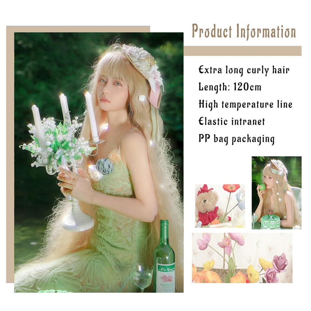 Extra Long Curly Hair with Bangs Cosplay Party Lolita Synthetic Wigs Heat Resistant Fiber