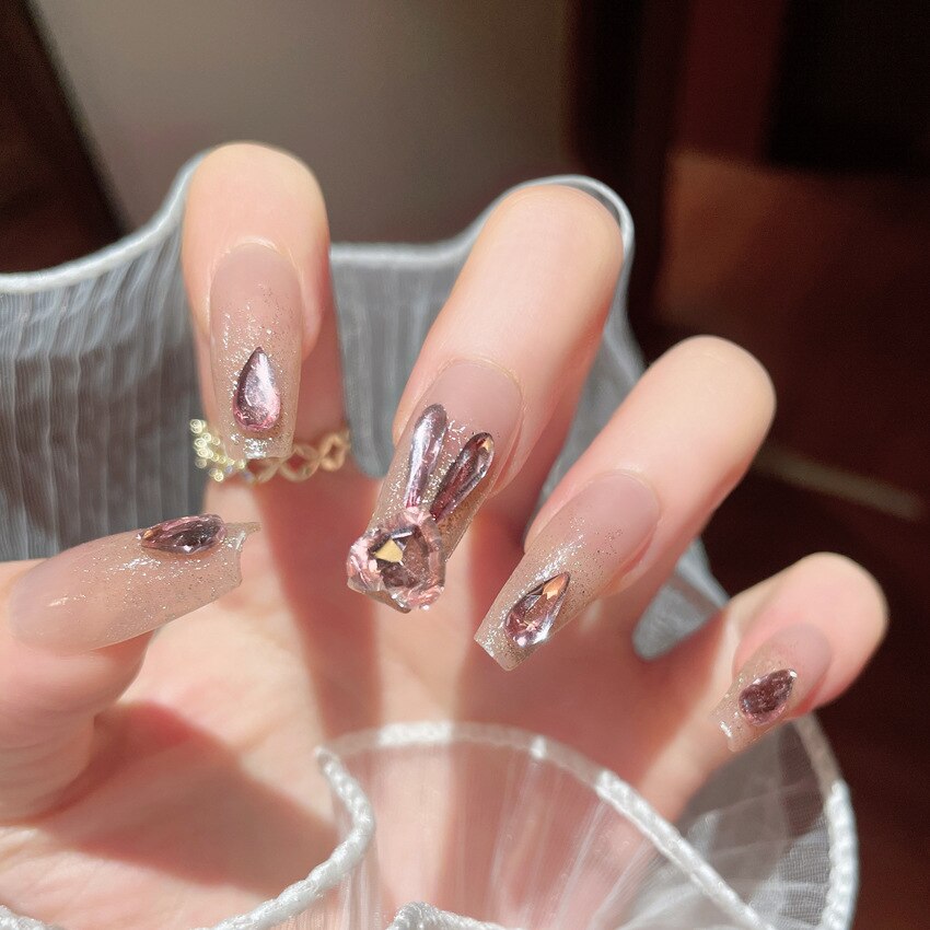 24pcs Butterfly decorated false nails Removable Long Paragraph Manicure fake nail tips full cover acrylic for girls nail