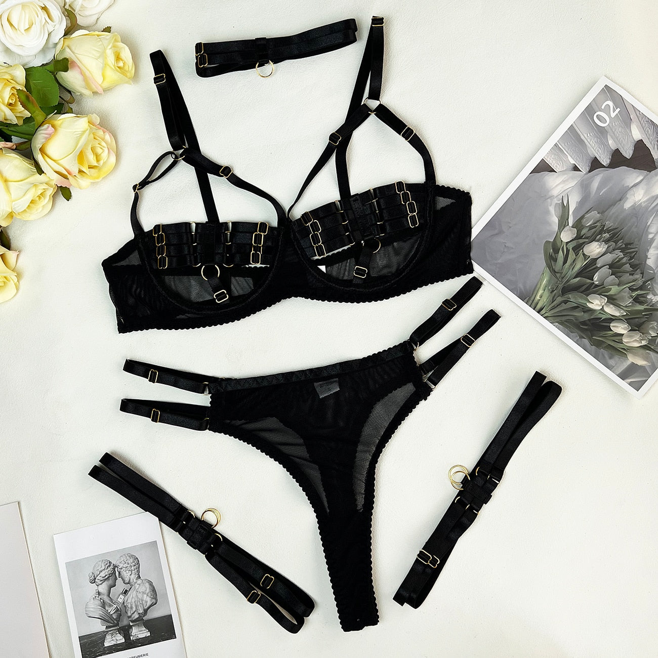 Sexy Lingerie Naked Women Without Censorship 5-Piece Sexy Costume Hollow Underwear Uncensored Sensual Open Bra Outfits