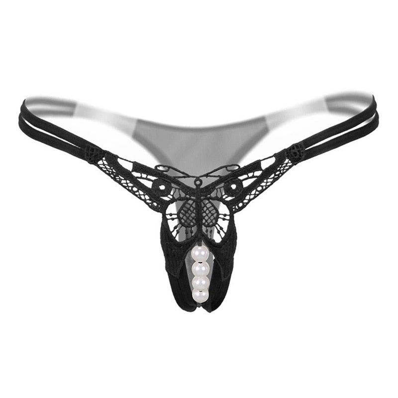 Pearl Massage Sexy Thong Hot Lace Embroidery Transparent Panties Women Sexy Lingerie Low Waist Hollowed Out T-back Femme Tangas