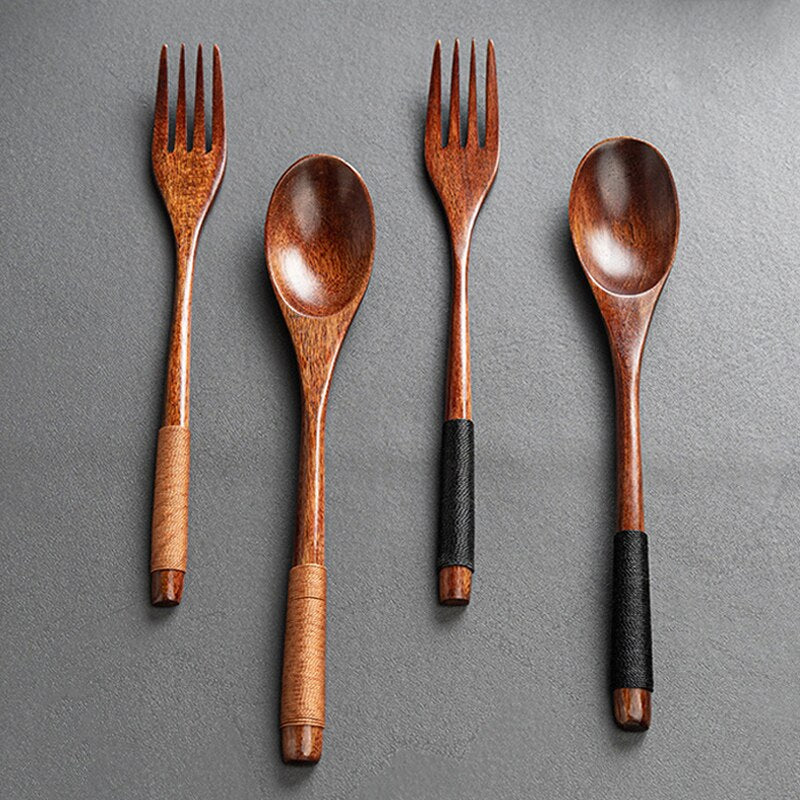2Pcs Wooden Spoon Fork Dinnerware Set Long Wood Spoon and Fork Set Dessert Soup Spoon Dining Fork Portable Cutlery Tableware