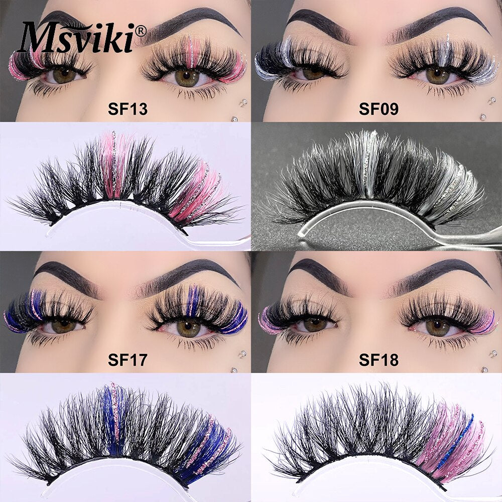 5D Fluffy 18-22MM Glitter Mink Lashes 1 Pair Party Colored Mink Eyelashes Box Package Rainbow Pink White Fake Eyelashes