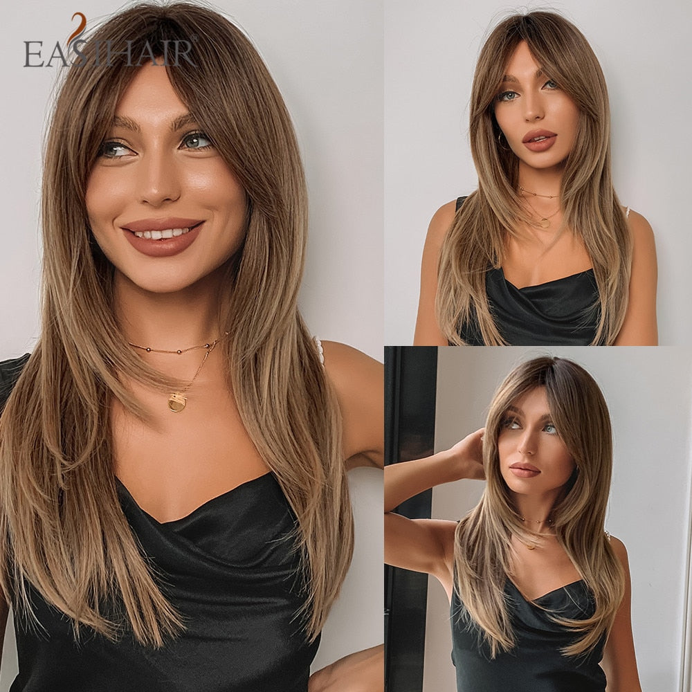Long Straight Bangs Wigs Natural Ombre Dark Brown Synthetic Hair Wig for Women Daily Cosplay Party Heat Resistant Fiber