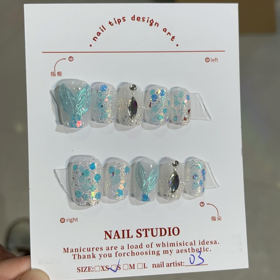 Fishtail Style Handmade Fake Nail Pink And  Blue With Pearls Medium T-shaped Removable And Reuse Press On Nail Sticker With Glue