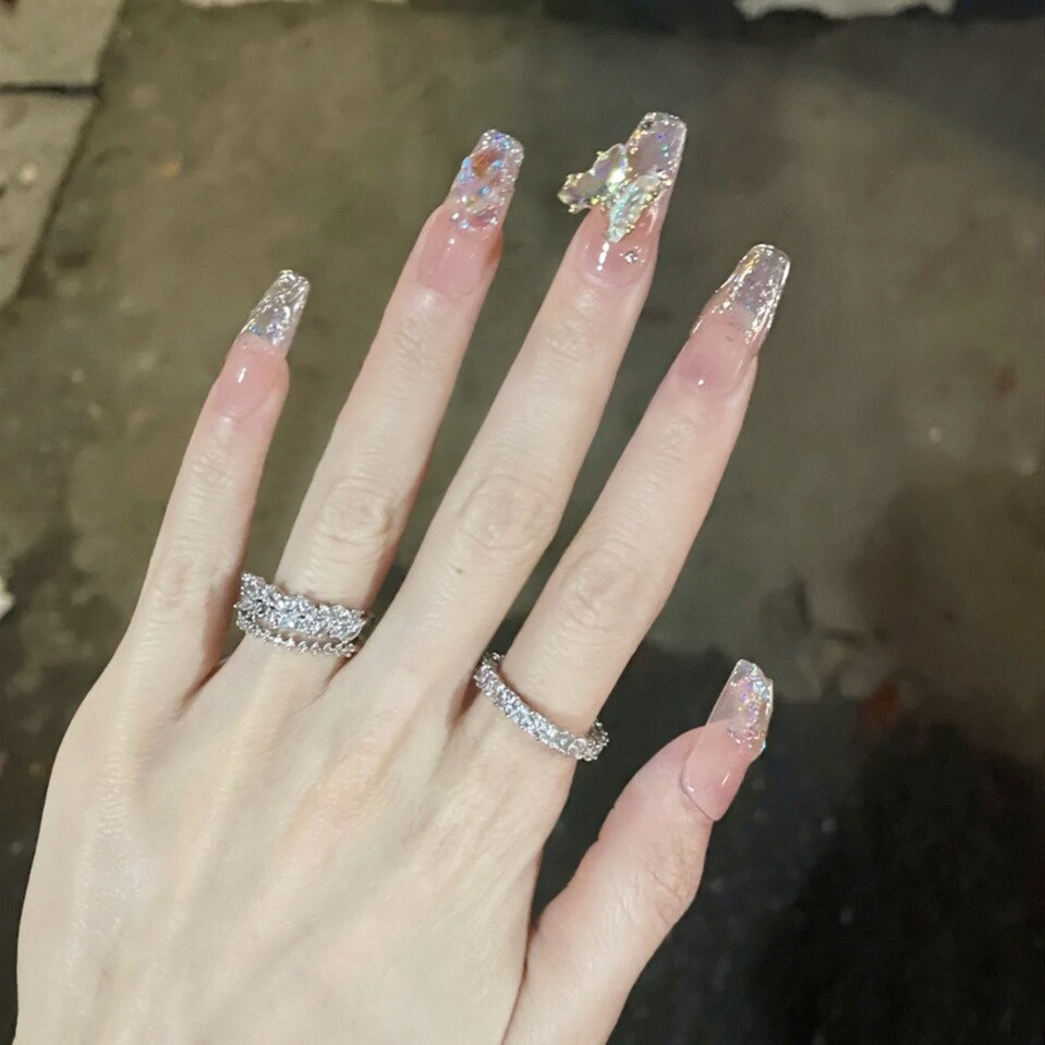 24pcs Butterfly decorated false nails Removable Long Paragraph Manicure fake nail tips full cover acrylic for girls nail