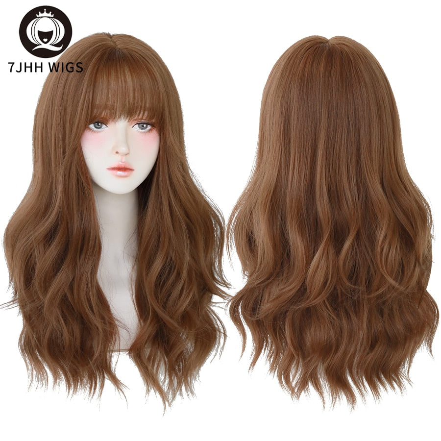 WIGS Brown Ash Long Deep Wave Hair Lolita Wigs With Bangs Synthetic Wig For Women Thick Curls Wigs