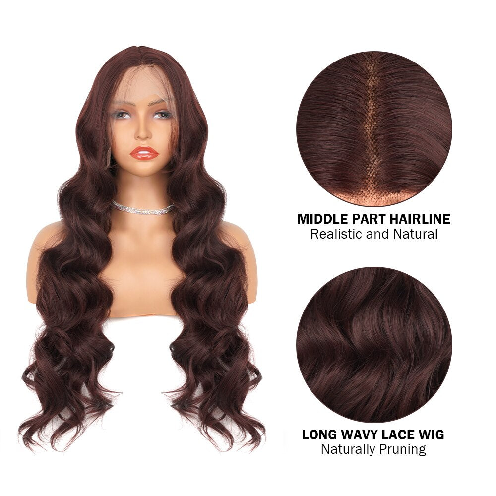 Reddish Brown Wigs For Women Body Wave 13X4 Lace Front Wigs Synthetic Omber Red Lace Frontal Wig Pre Plucked With Baby Hair Wig