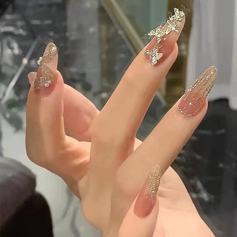 24pcs Butterfly decorated false nails Removable Long Paragraph Manicure fake nail tips full cover acrylic for girls nail