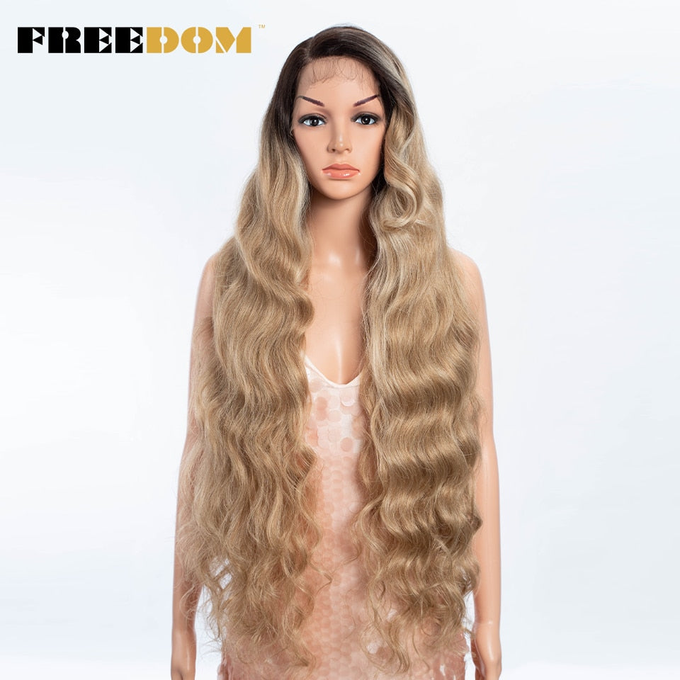 Synthetic Lace Wigs For Black Women Super Long Body Wavy Side Part Lace Wig Brown Ombre Blue Cosplay Wigs Heat Resistant
