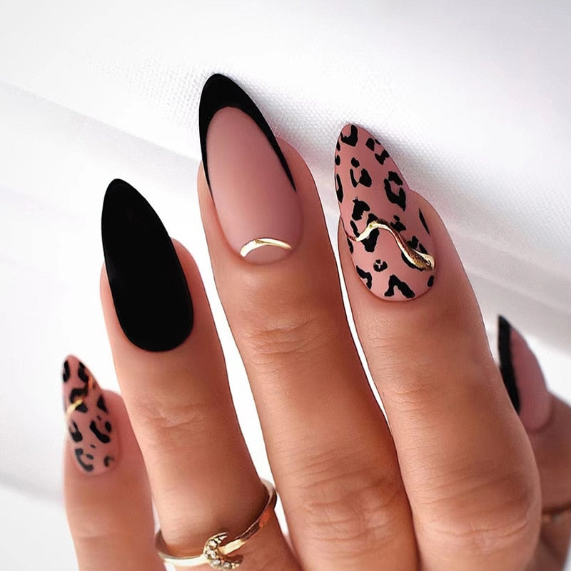 24pcs Almond Full Cover y2k black Sweet Fake Nails with glue cool Stiletto press on nails French artificial Nails With designs