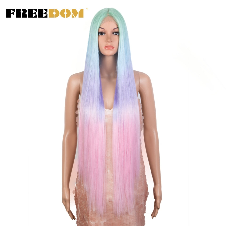 Synthetic Lace  Wigs 38 Inch Long Straight Lace Wig Ombre Pink Red Ginger Blue White Cosplay Wigs For Black Women