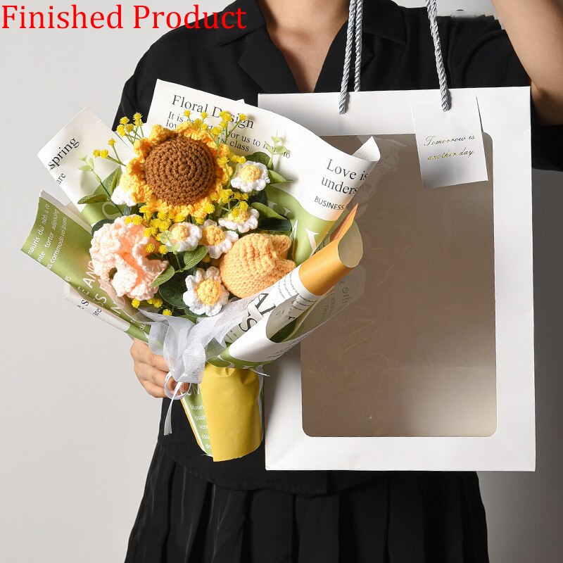 Finished Product Knitting Flowers Rose Tulip Fake Flowers Bouquet Wedding Decoration Hand-woven Home Decorate Knit Flower Gifts