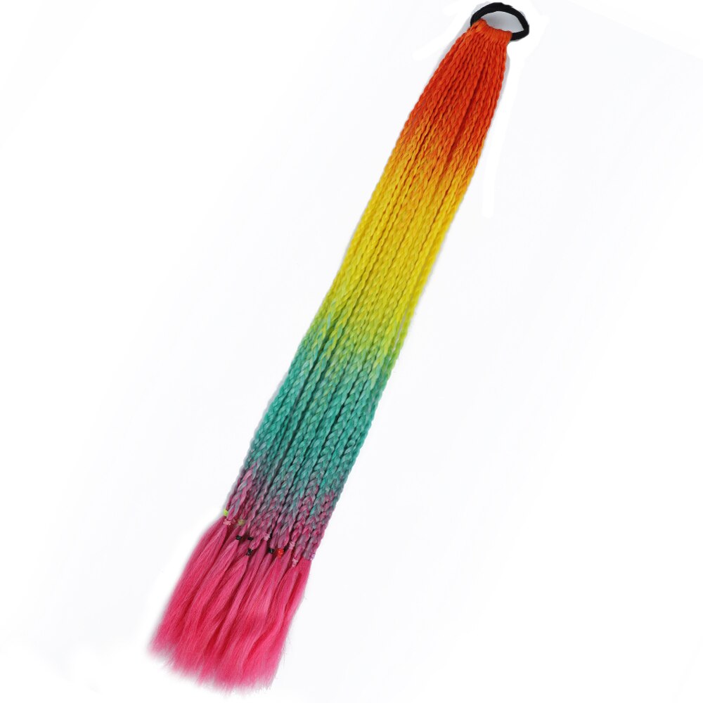 Colored Gradient Box Braided Ponytail For Girls With Elastic Hair Band Rubber Band Hair Accessories Wig Headband Hairpiece