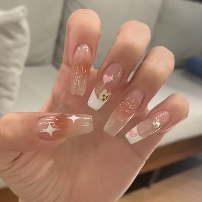24pcs Press on Nails Short Fake Nails with Glue Jelly Gradient Design Detachable Artificial Nail Acrylic Coffin False Nails Tips