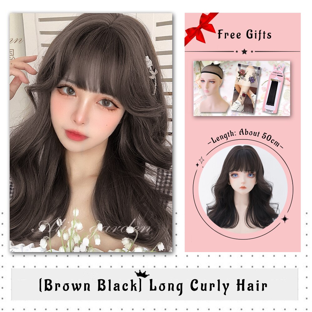 Brown Black Gold Wool Roll Synthetic Wig For Women Long Roll Wig Bangs Cosplay Party Heat Resistant Hair