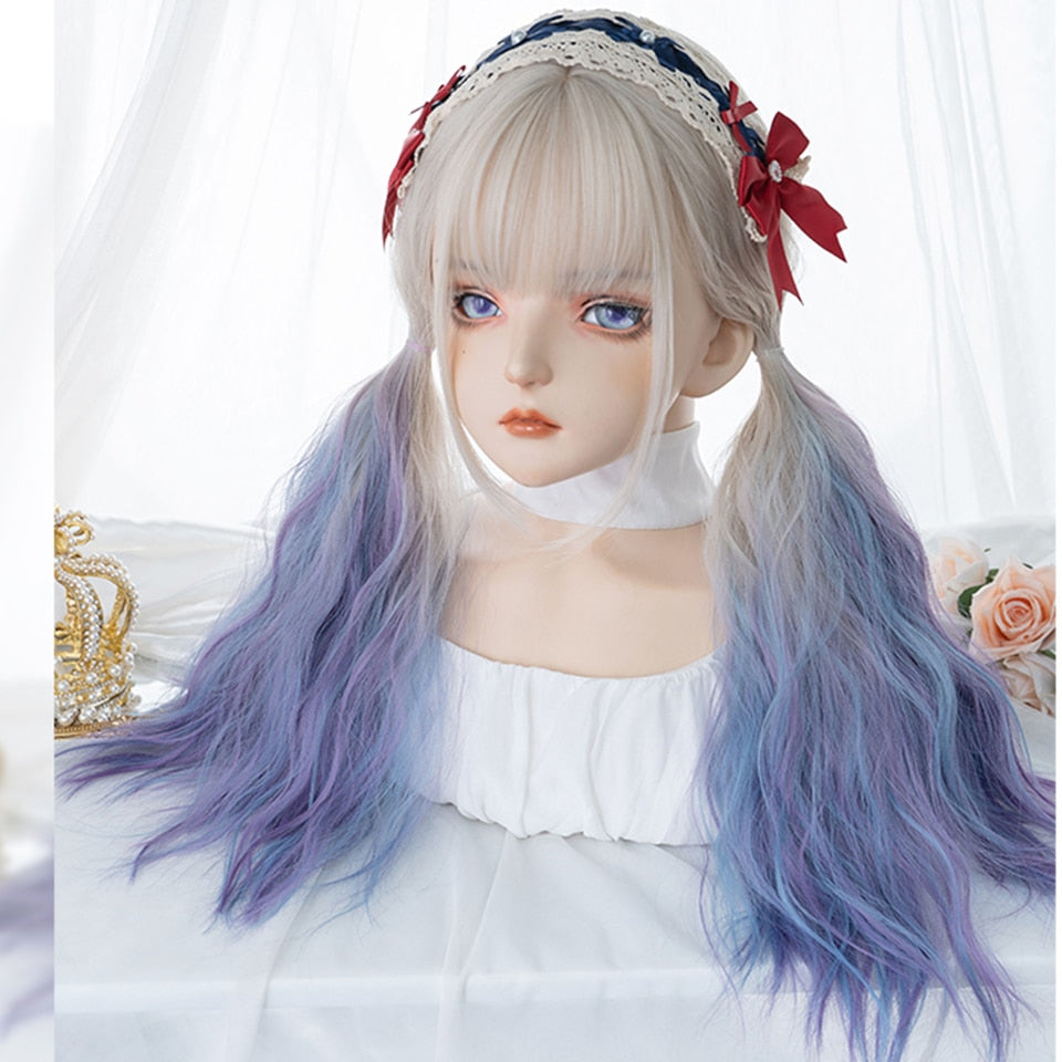 synthetic long curly hair wavy female golden gradient blue purple pink color wig cosplay Lolita wig high temperature