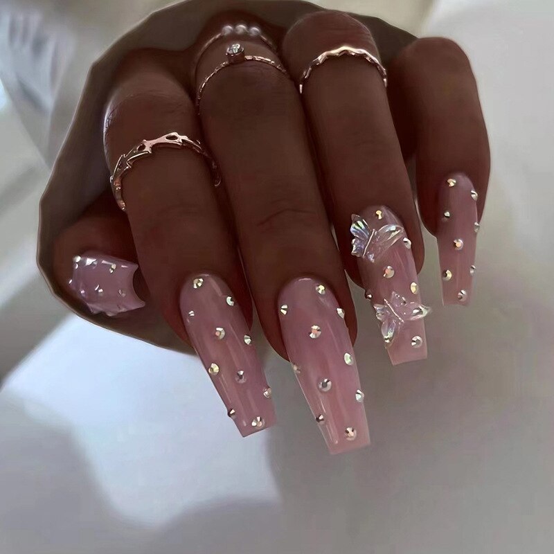 24Pcs Wearable False Nails with glue Long Ballerina Pink Press On Nails French Full Cover Coffin Fake Nails tip with rhinestones