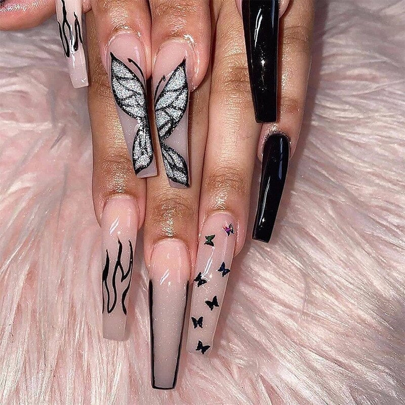 24Pcs Wearable False Nails with glue Long Ballerina Pink Press On Nails French Full Cover Coffin Fake Nails tip with rhinestones
