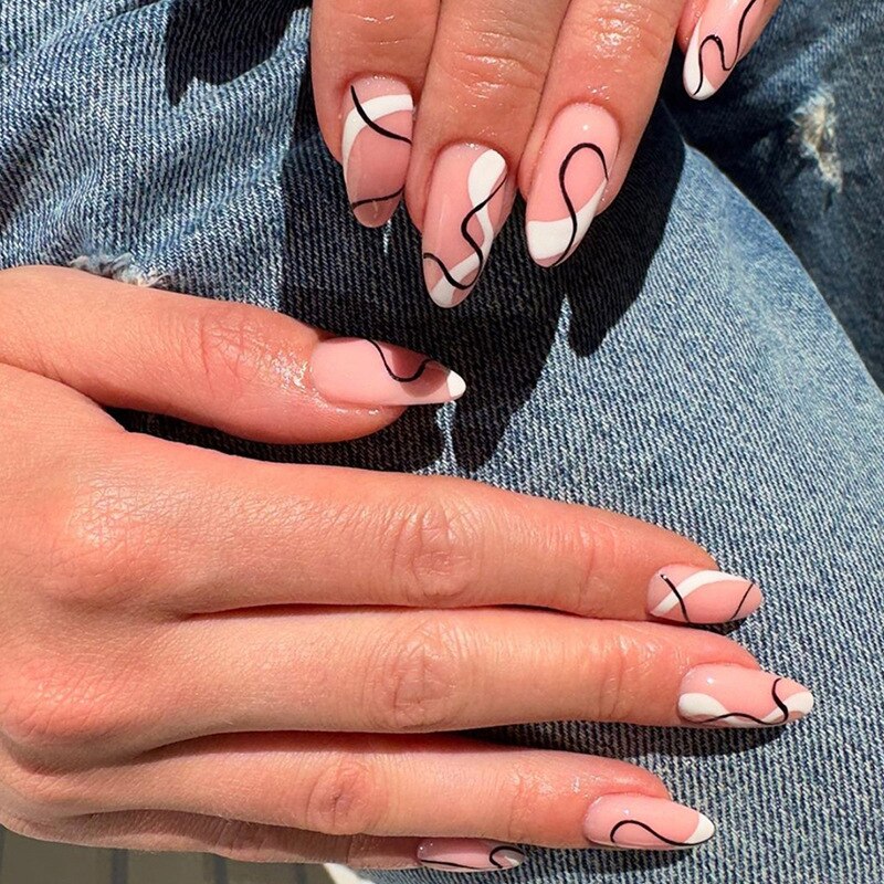 24pcs Almond Full Cover y2k black Sweet Fake Nails with glue cool Stiletto press on nails French artificial Nails With designs