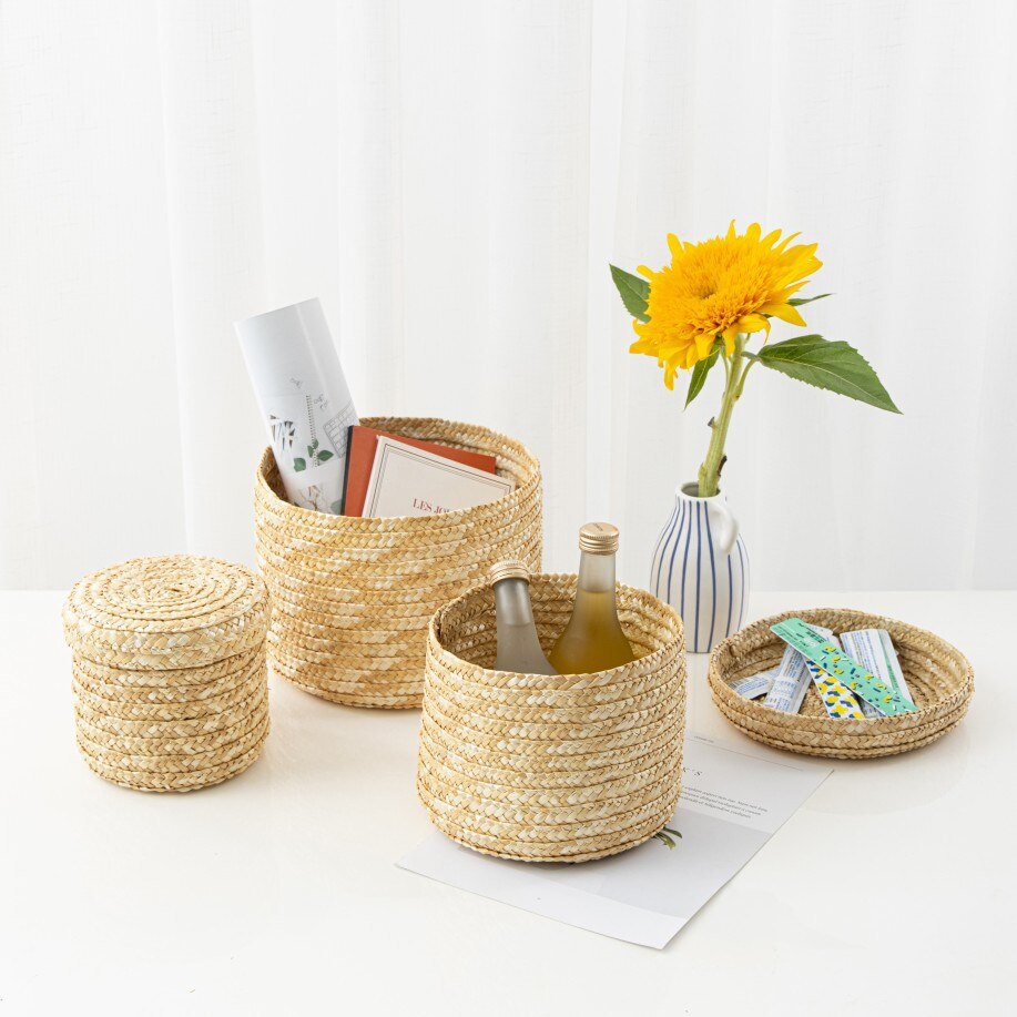 Handmade Straw Woven Basket With Lid Bridal Souvenir Box Seagrass Plant Basket Snack Storage Box Flower Organizer Basket