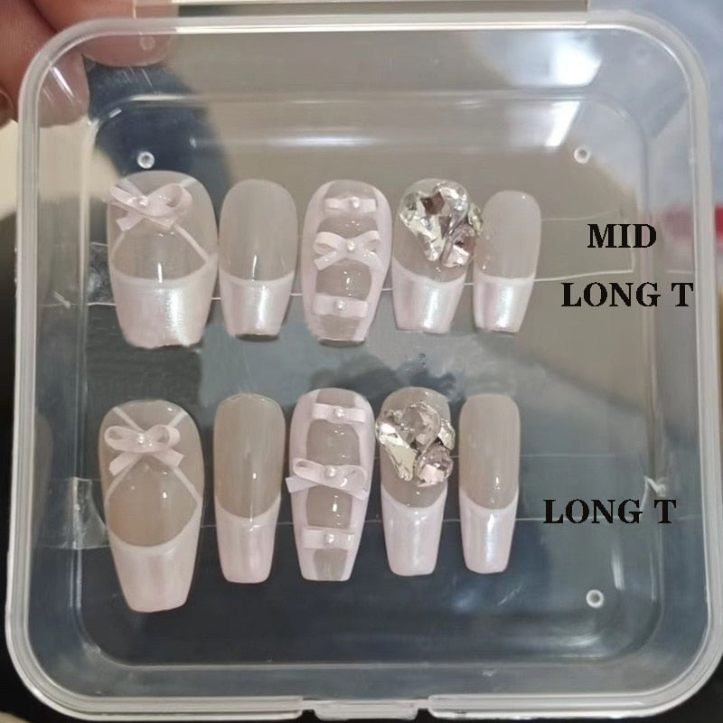 10 Piece For Set White Bow French Style fake nail patch Fairy Dreamy Cute Long T False Nail Art Finished Press On Wearable Nail