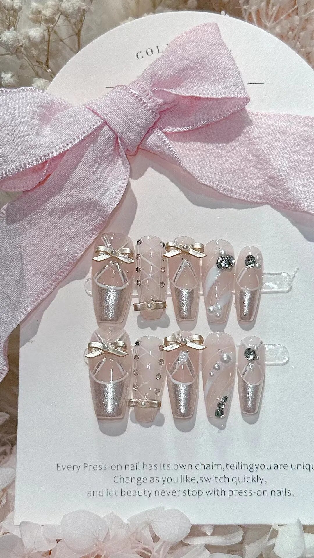 10 Piece For Set White Bow French Style fake nail patch Fairy Dreamy Cute Long T False Nail Art Finished Press On Wearable Nail