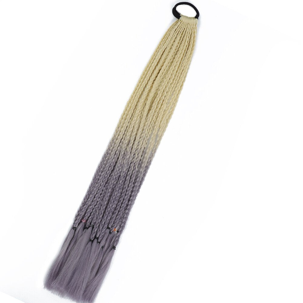 Colored Gradient Box Braided Ponytail For Girls With Elastic Hair Band Rubber Band Hair Accessories Wig Headband Hairpiece