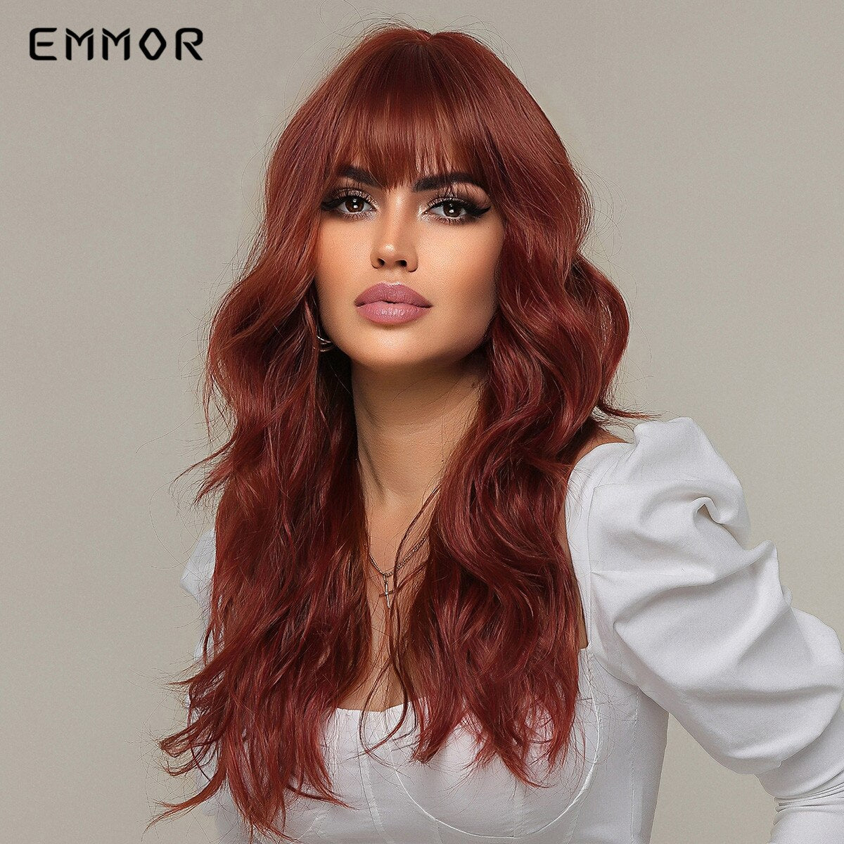 Synthetic Middle Dark Red with Bangs for Women Natural Long Water Wavy Cosplay Hairstyle Heat Resistant Fiber Hair Wigs