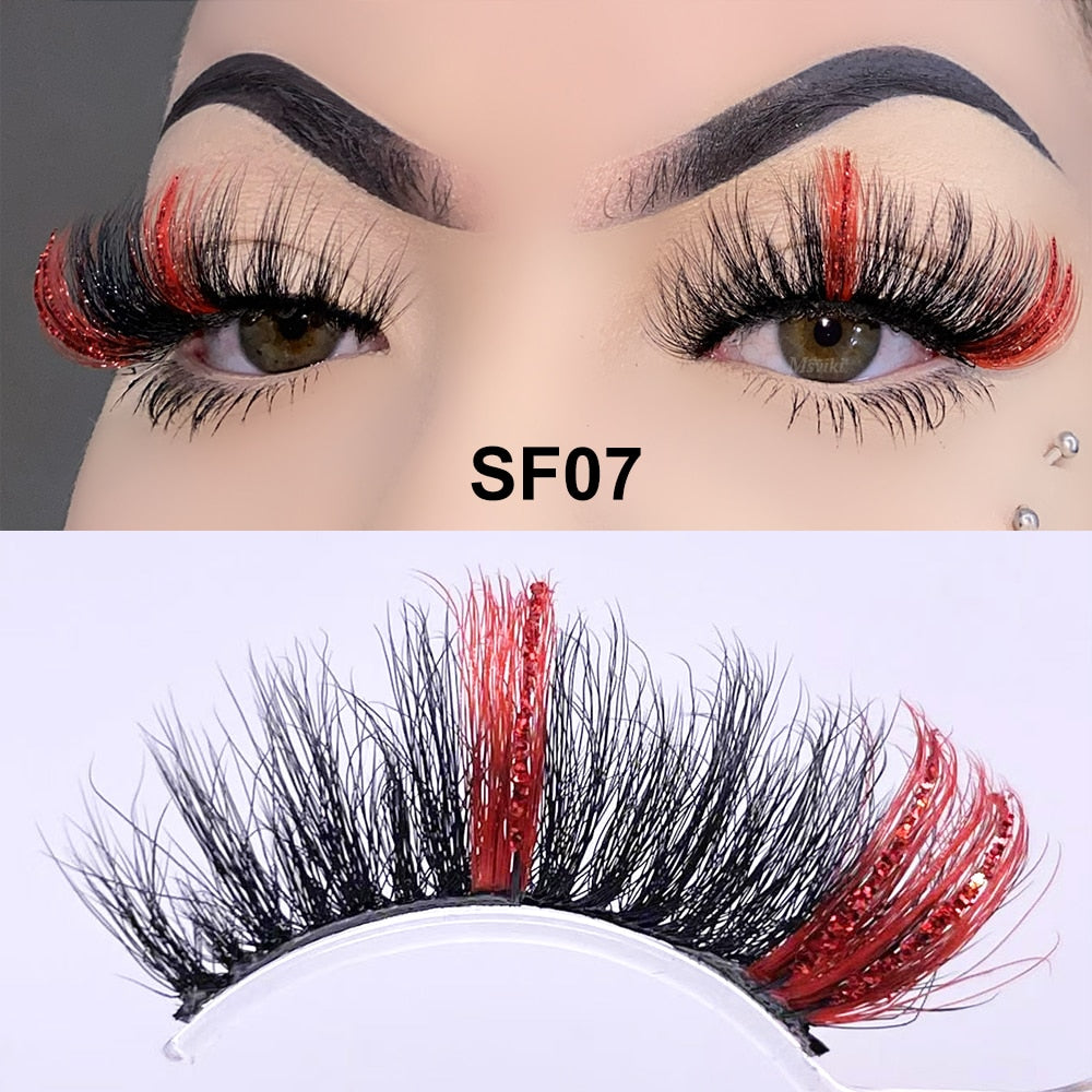 5D Fluffy 18-22MM Glitter Mink Lashes 1 Pair Party Colored Mink Eyelashes Box Package Rainbow Pink White Fake Eyelashes