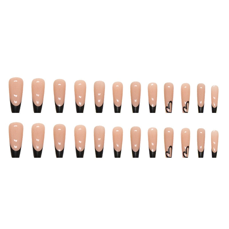 24Pc Wearable Coffin False Nails Sweet Cool Black Simple Love Press On Nails Long Ballet Stick Fake Nail Tips Full Cover Acrylic