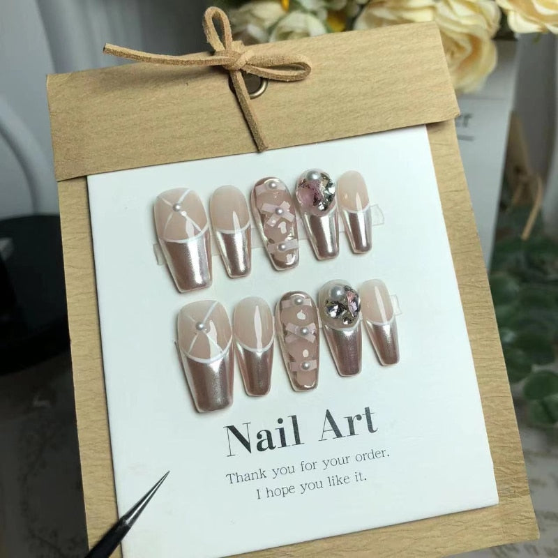 10 Piece For Set White Bow French Style fake nail patch Fairy Dreamy Cute Long T False Nail Art Finished Press On Wearable Nail