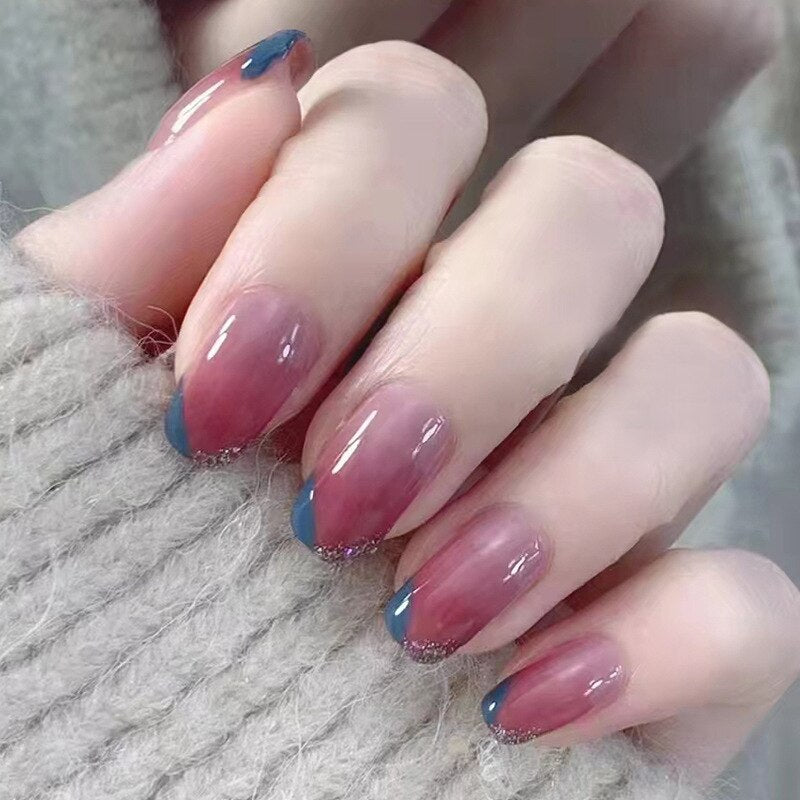 24pcs pink clouds design false nails with glue press on nails medium length acrylic nails coffin full cover nails tips supplies