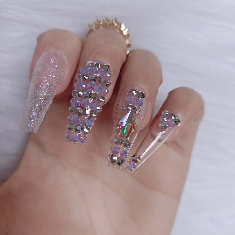 24pcs luxury jewelry long ballet coffin fake nails crystal diamond Transparent