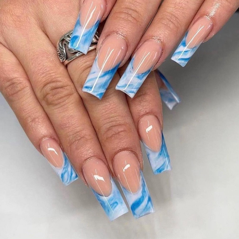 Long Ballet False Nails French With Rhinestones Artificial Handmade coffin Fake Nails Manicure Press on Nail Seamless Removable
