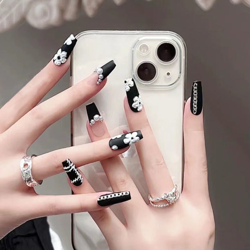 24pcs Butterfly decorated false nails Removable Long Paragraph Manicure fake nail tips full cover acrylic for girls nail